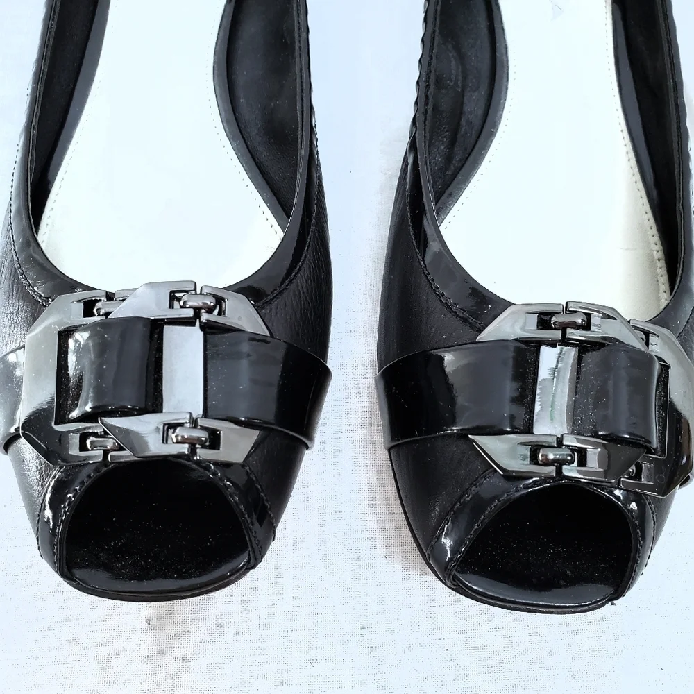Via Spiga Black Patent Leather Peep Toe Flats